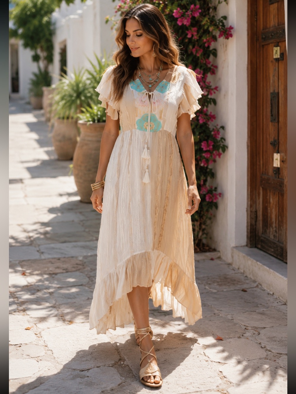 ShopEvelynne Cream High-Low Maxi Dress with Turquoise Embroidery